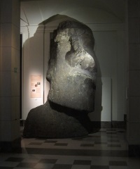 A replica Easter Island statue.