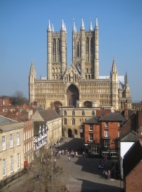 The cathedral towers over the city.